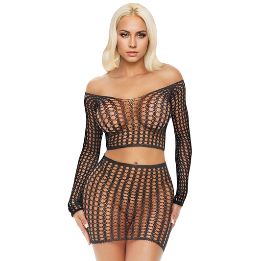 Long Sleeve Fishnet Crop Top & Mini Skirt Set